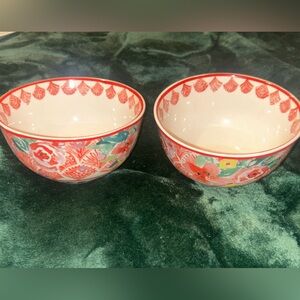 2 Anthropologie Barbara Ignatiev Floral Ceramic Bowls - Coral & Teal (Set of 2)